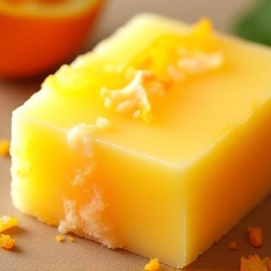 A block of citrus handmade soap with visible orange peel zest